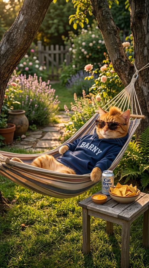 Barny relaxing in a hammock with a cold one.