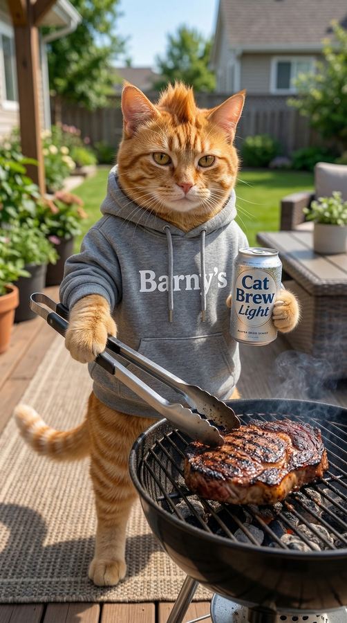 Barny grilling in his 'Barny's' hoodie.