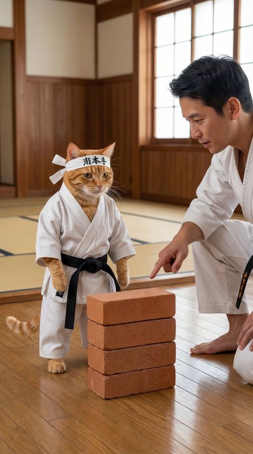 Barny in a karate gi about to break bricks.