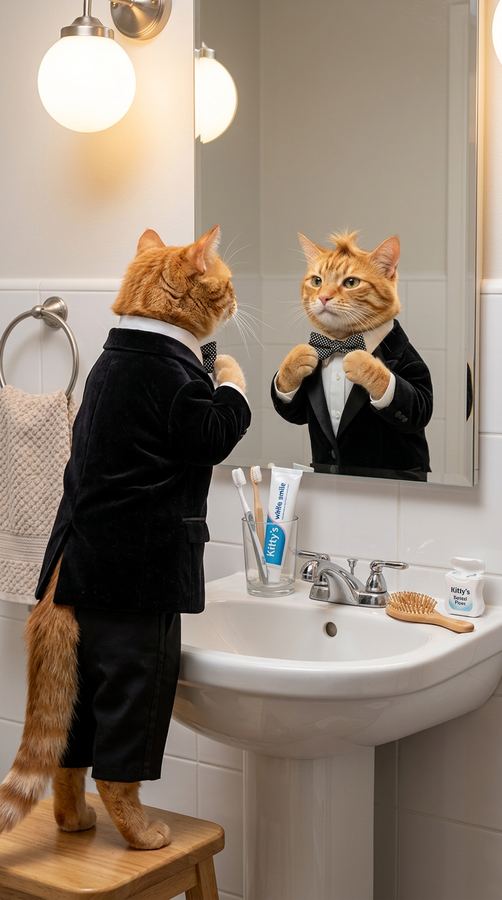 Barny in a tuxedo at the mirror.