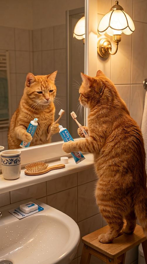 Barny brushing his teeth with his double in the mirror.