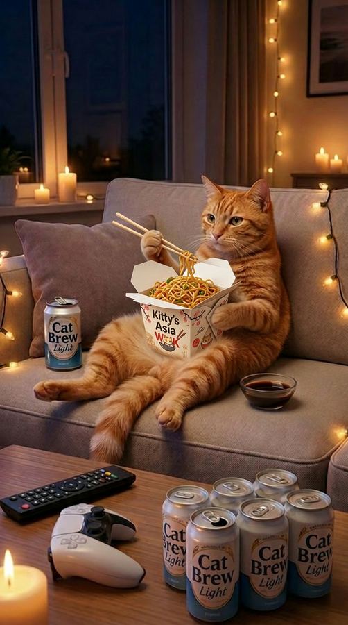 Barny eating noodles on the couch.