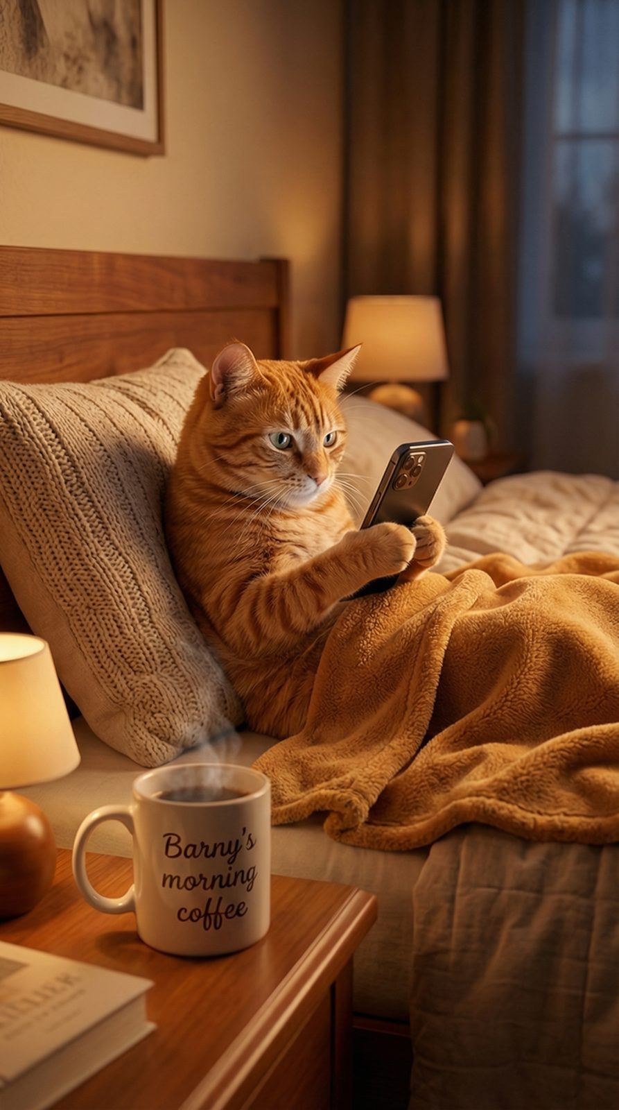 Barny in bed with his morning coffee, scrolling through bad news.