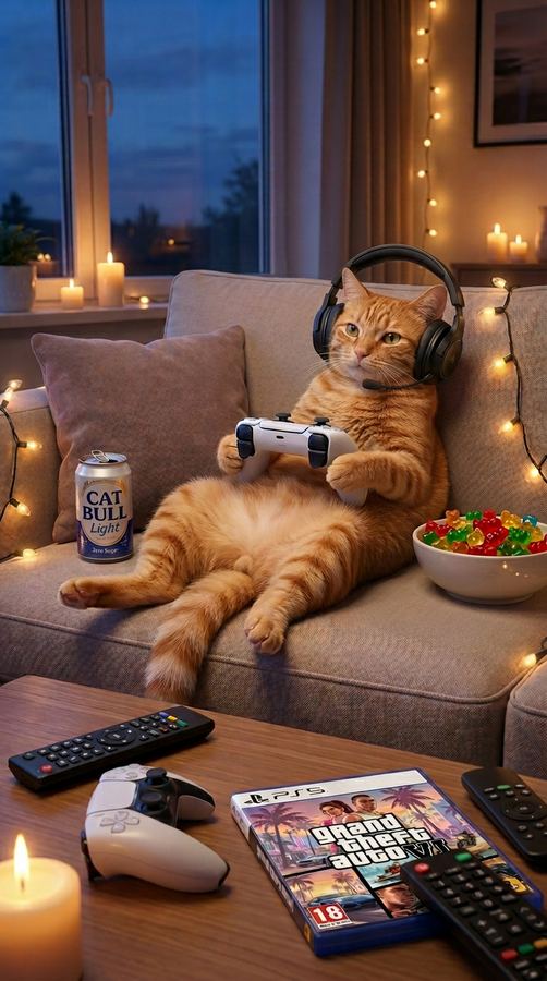 Barny with headphones gaming on the couch.