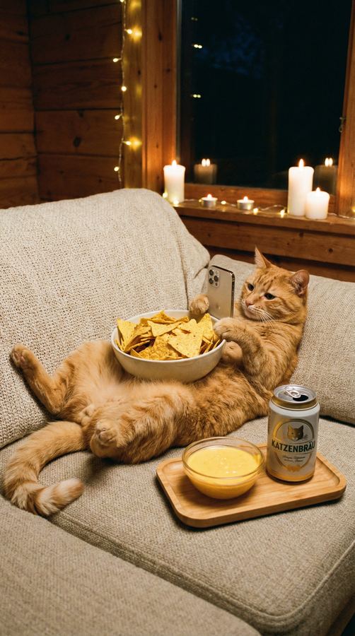 Barny with a huge bowl of chips at a cabin.